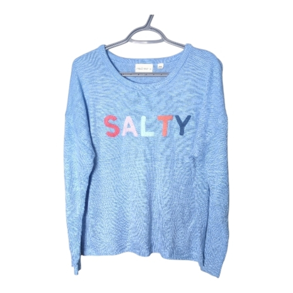 Mia & Tess Blue Loose Knit Crew Neck Sweater with Multicolor 'SALTY' Design XL‎